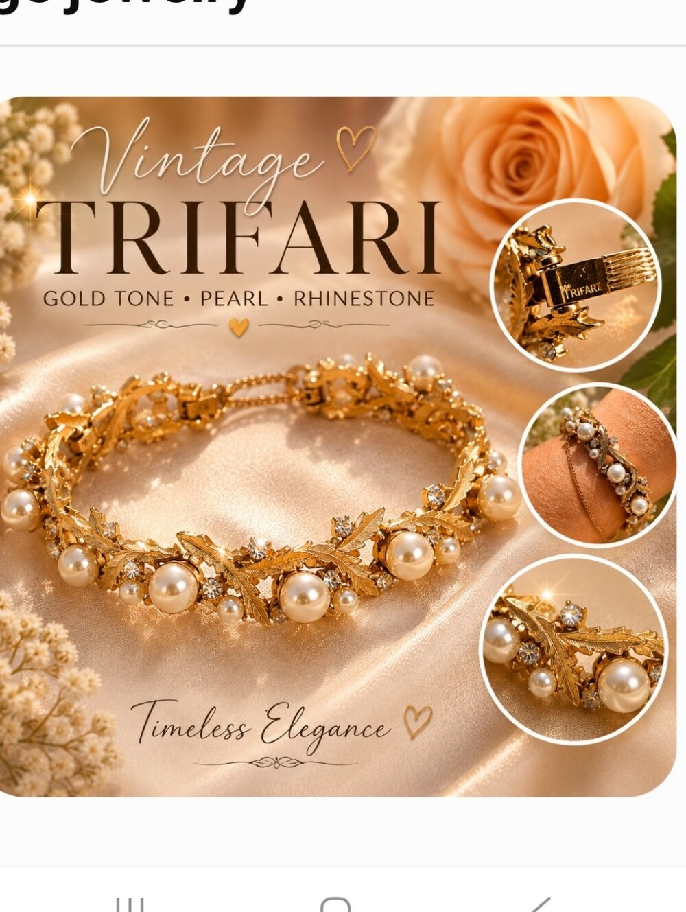 Vintage Crown Trifari Gold Tone Faux Pearl & Rhinestone Leaf Bracelet | Signed |